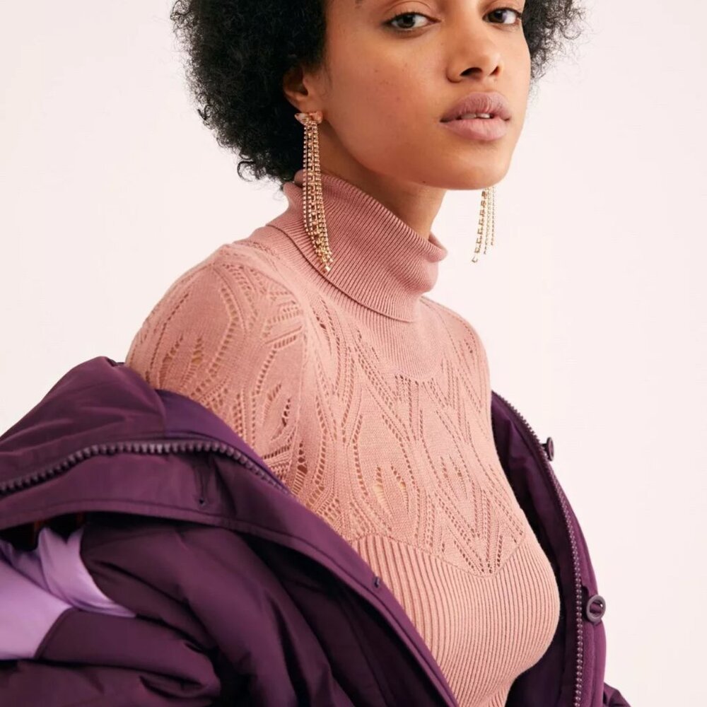 031 Free People Pretty in Pointelle Knit Ribbed Turtleneck Bodysuit - Picture 3 of 4